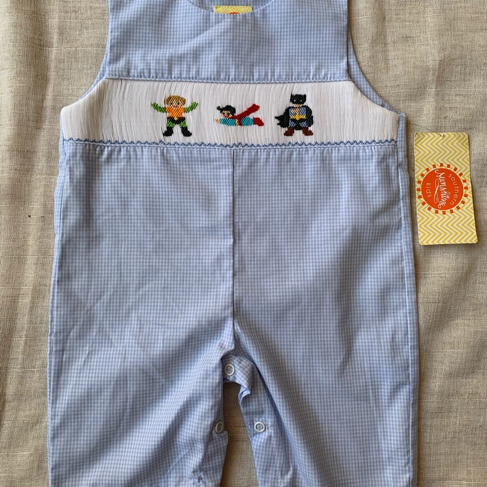 Superhero Smocked Jon Jon Romper LightBlue Gingham